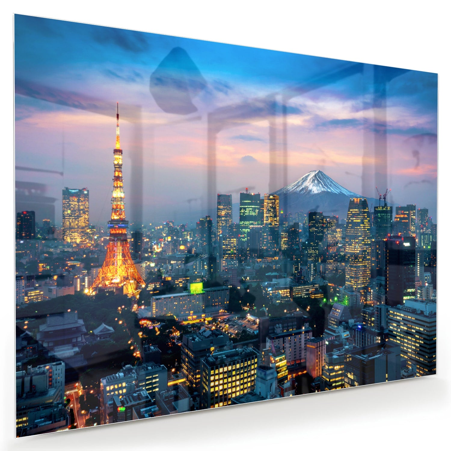 Glazen schilderij van Tokyo met de Tokyo Tower en Mount Fuji in de achtergrond
