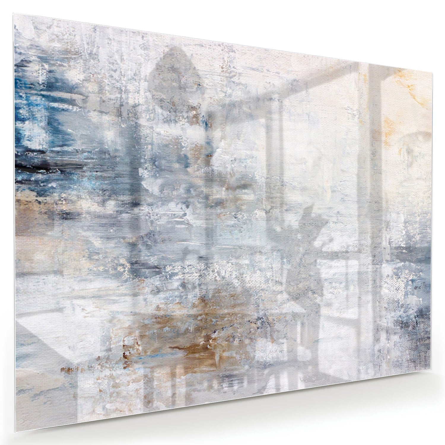 Abstract glazen schilderij met blauwe en neutrale tinten in woonkamer