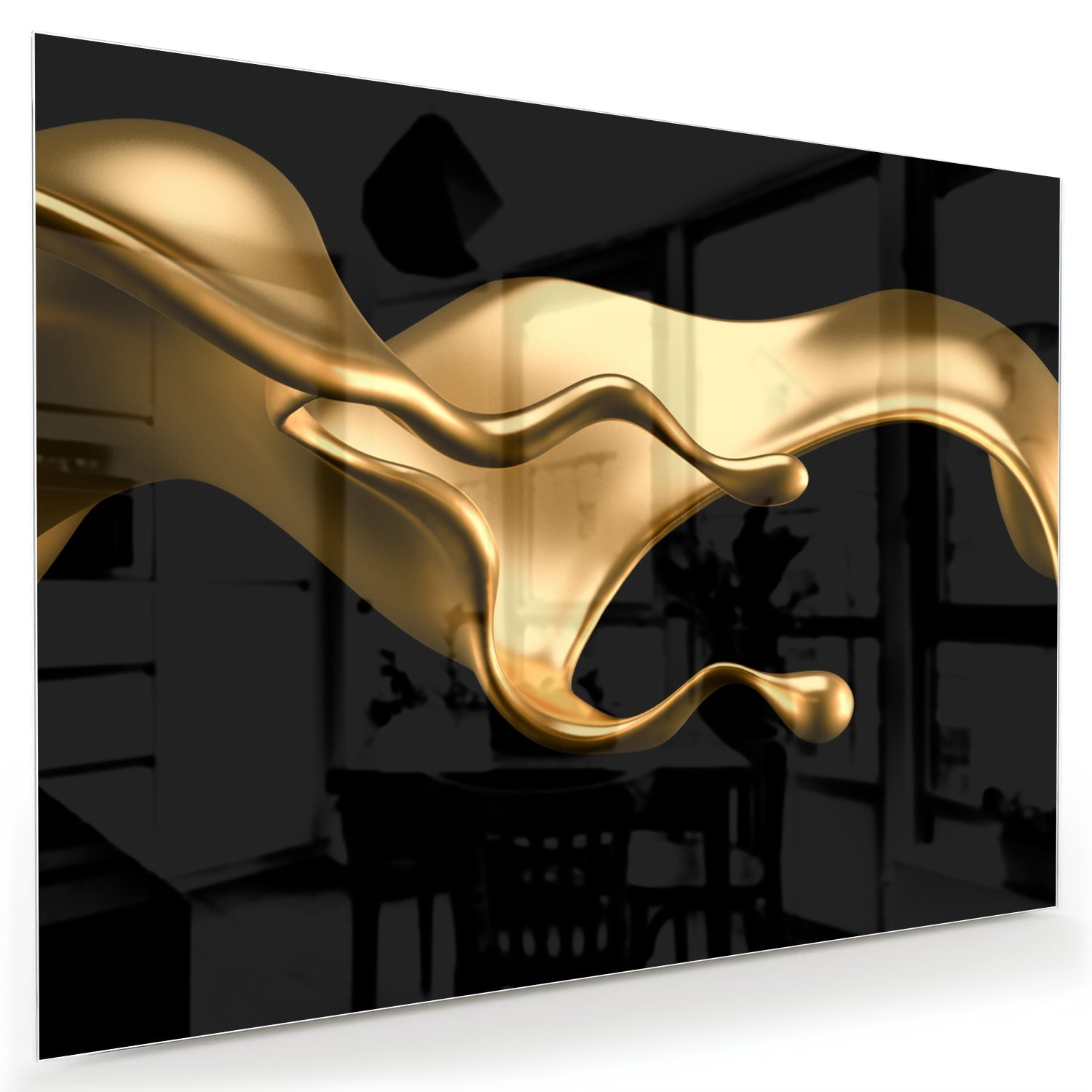 Gouden abstract glas schilderij met zwarte achtergrond, perfect voor moderne interieurs.