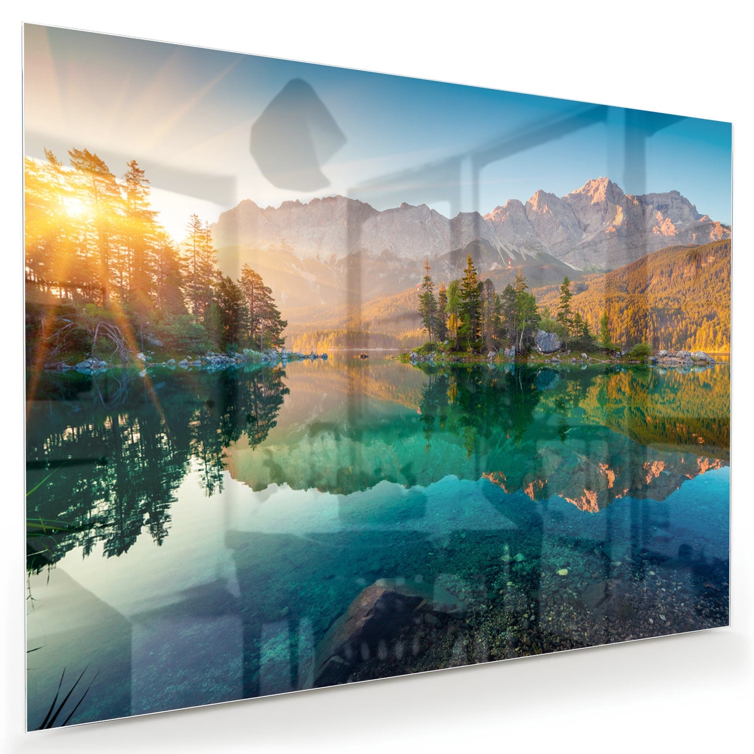 Glazen schilderij van een berglandschap met reflectie in het meer.