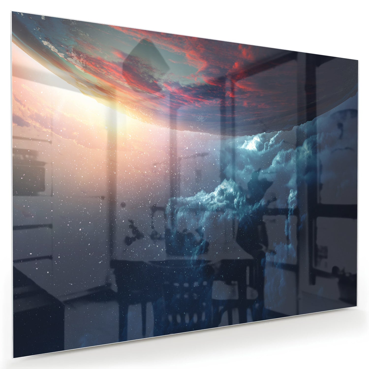Glazen schilderij met een kosmisch uitzicht en kleurrijke lucht in woonkamer.