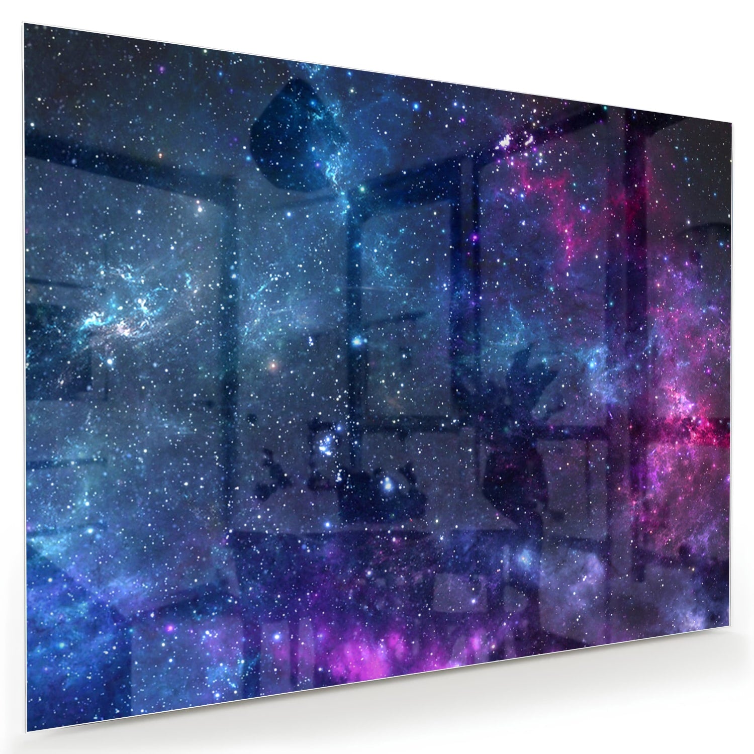Glazen schilderij van het universum met kleurrijke sterren en nevels.
