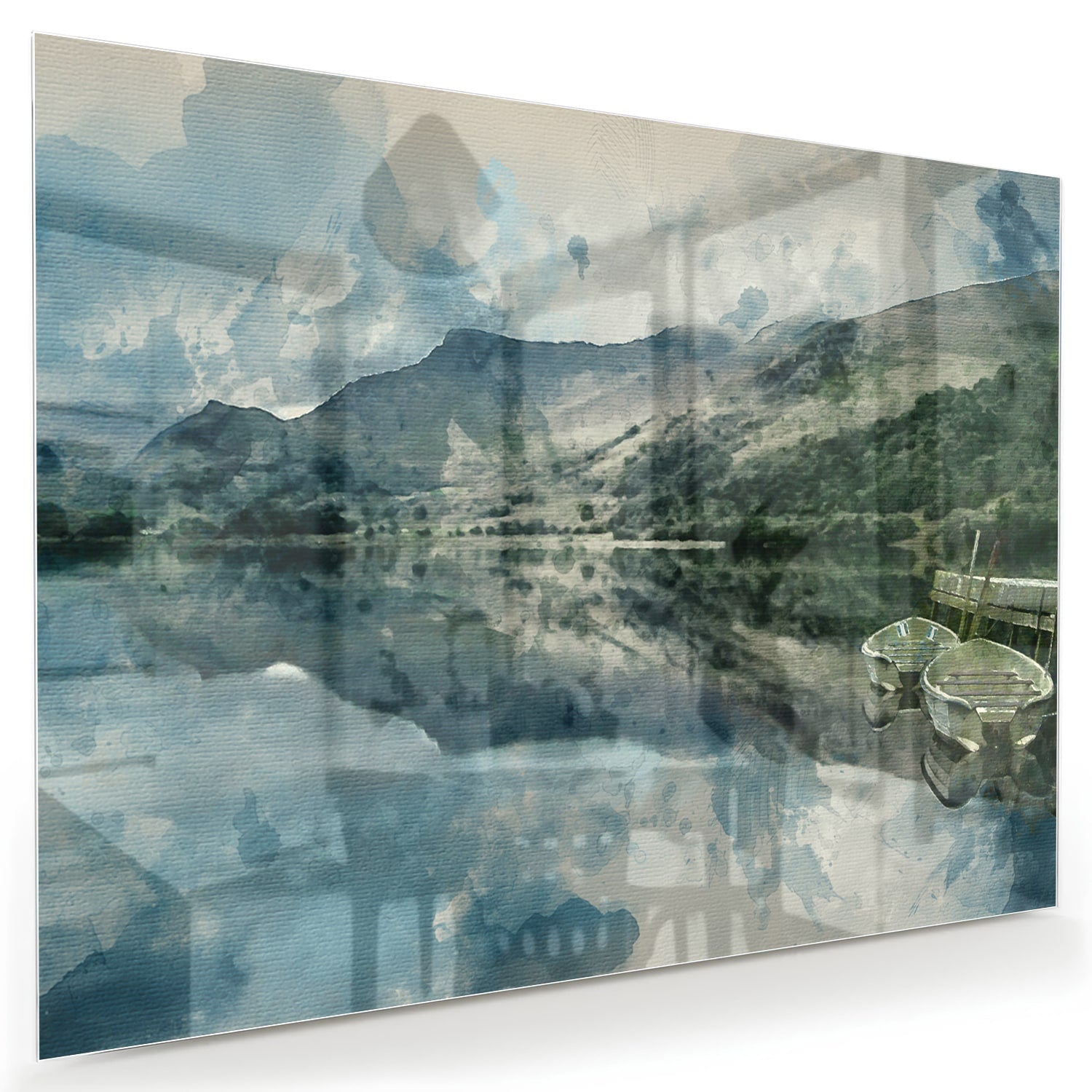 Glazen schilderij van een serene landschap met blauw meer en bergen