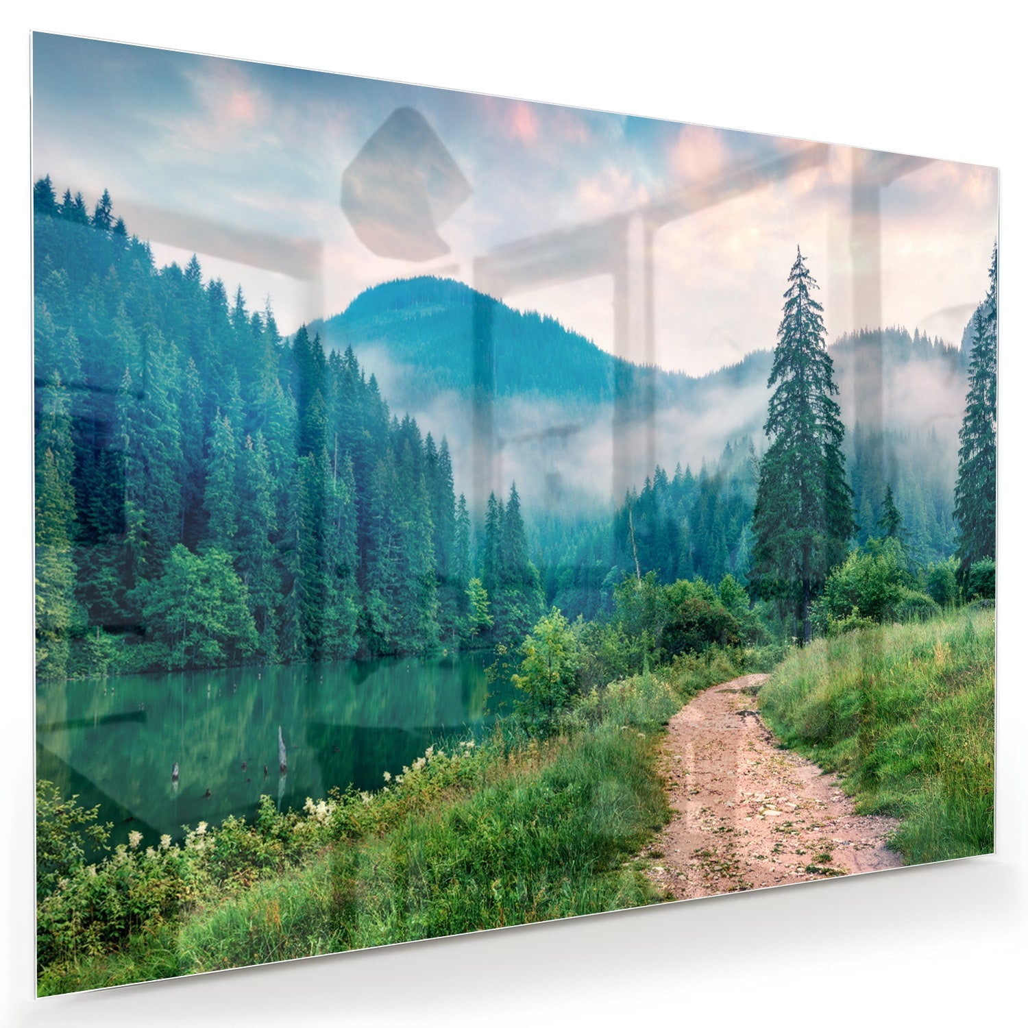 Glazen schilderij van een berglandschap met een pad en bomen