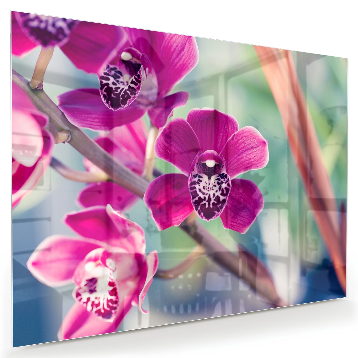 Glazen schilderij van paarse orchideen aan de muur in sfeervolle woonkamer.