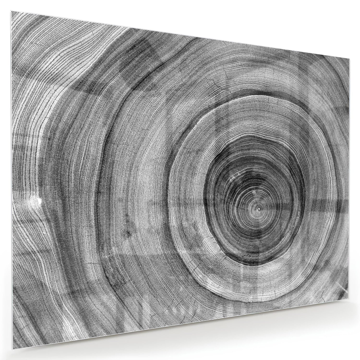 Abstract glazen schilderij in grijstinten met cirkels aan de muur