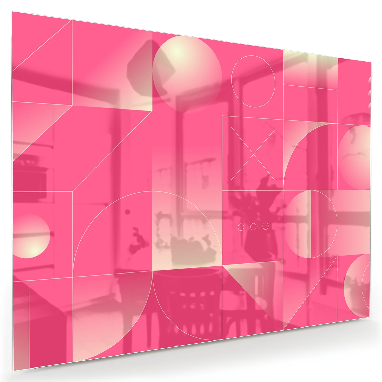 Modern glazen schilderij in frisroze met geometrische vormen.