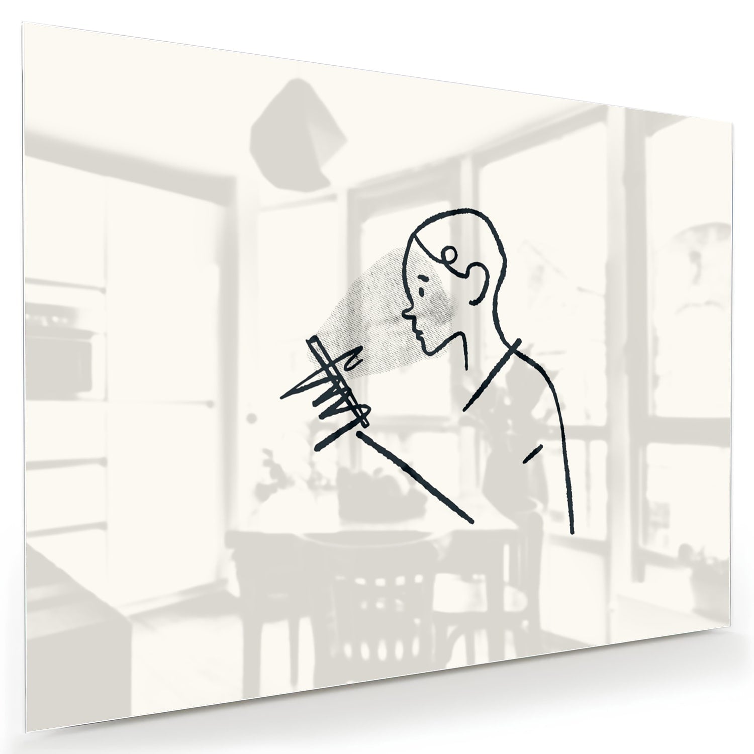 Minimalistisch glazen schilderij met lijntekeningen van een persoon.