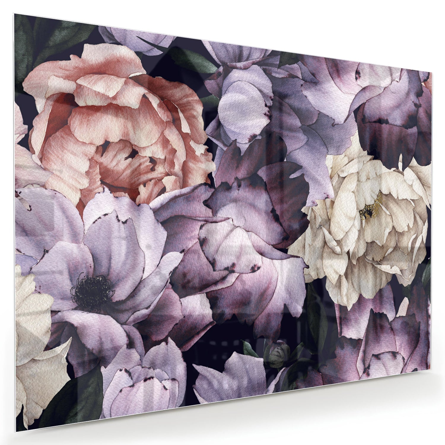 Glas schilderij met paarse en gouden bloemen in een moderne woonkamer