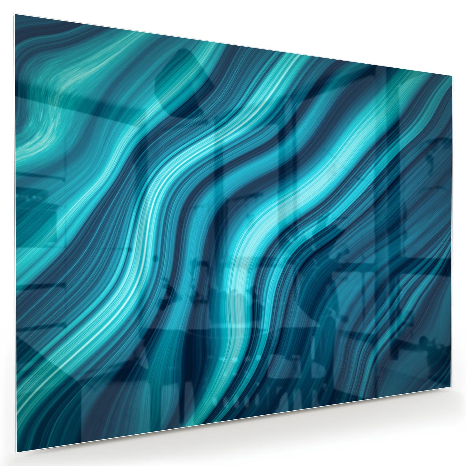Moderne glazen schilderij met blauwe en groene golven aan de muur