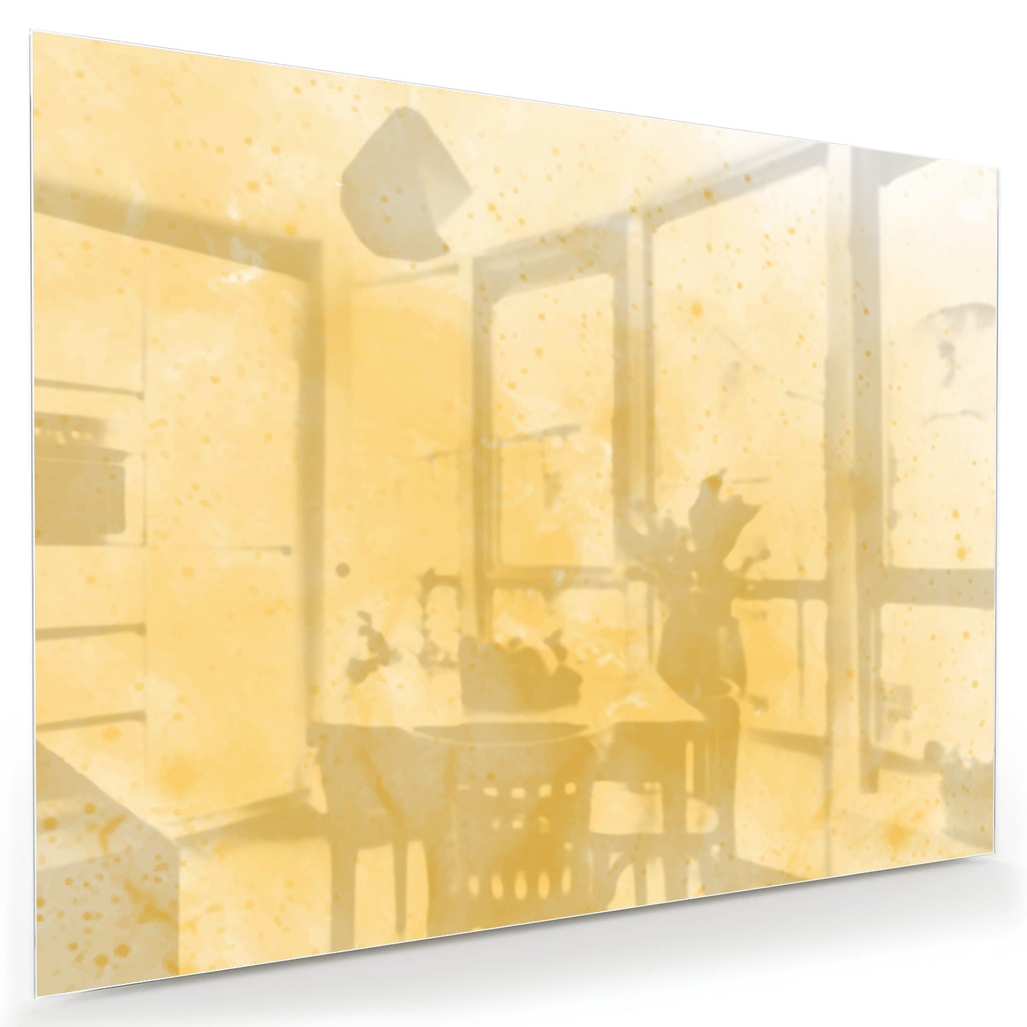 Abstract glazen schilderij in gouden tinten op een witte muur in een moderne woonkamer.