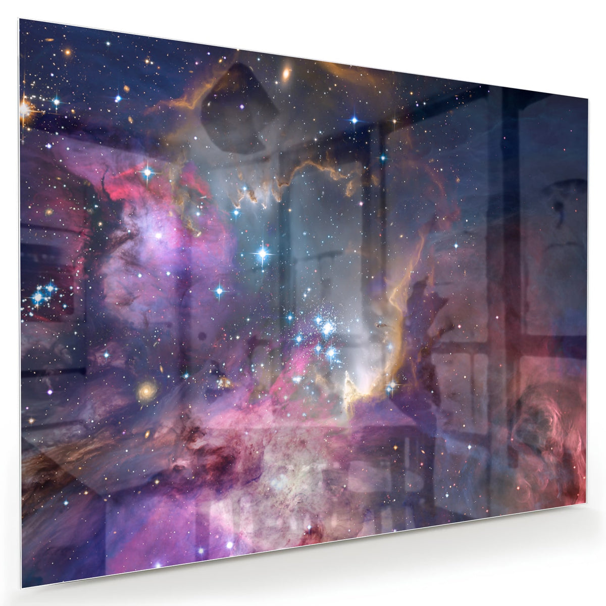 Glazen schilderij met een prachtig universum en sterren op een wand