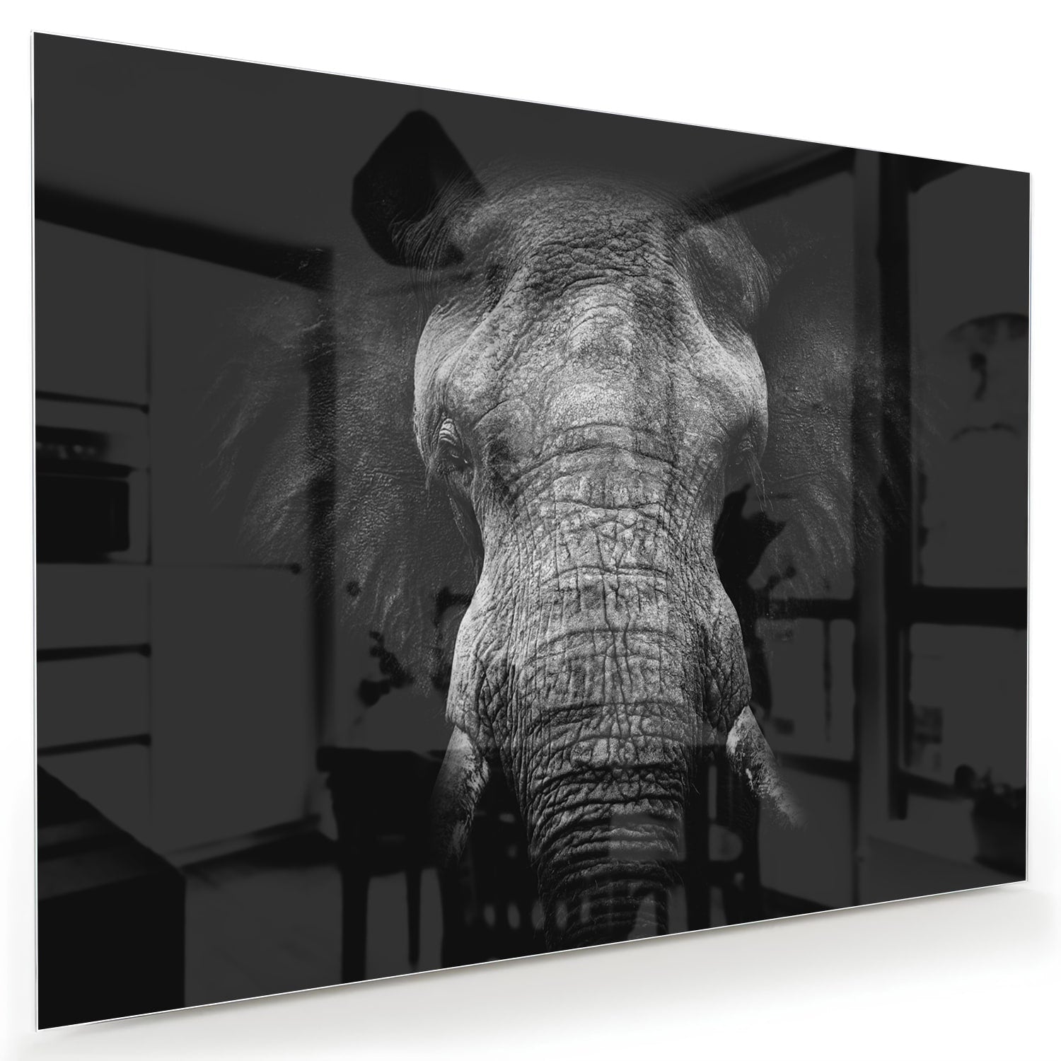 Glazen schilderij van een olifant in zwart-wit, perfect voor interieurdecoratie.