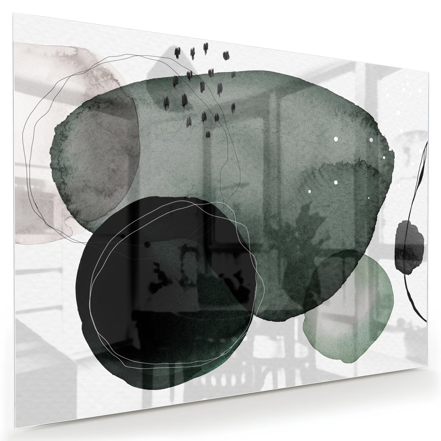 Abstract glas schilderij met groene en zwarte vormen