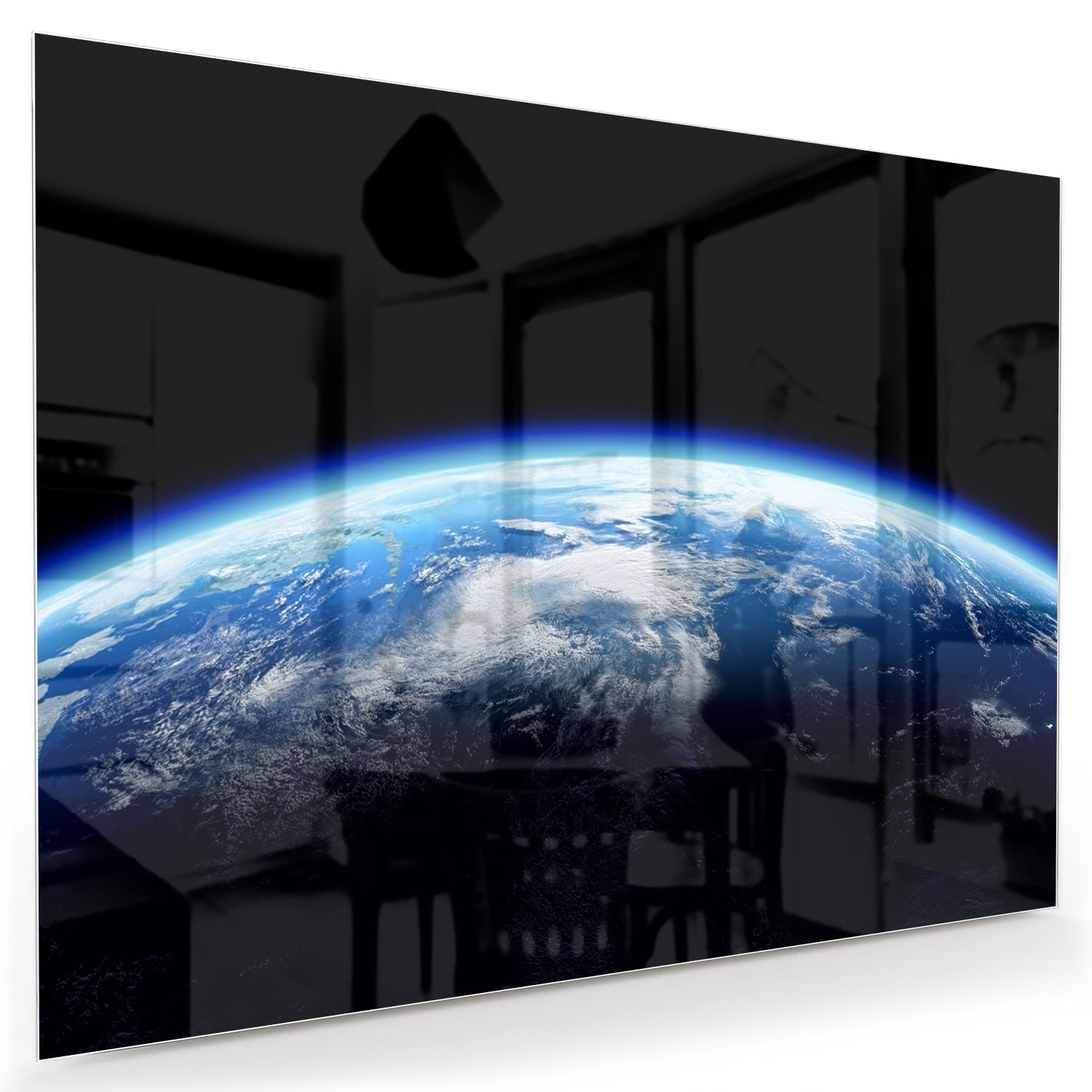 Glazen schilderij met een afbeelding van de aarde en blauwe lucht, perfect voor een moderne inrichting.
