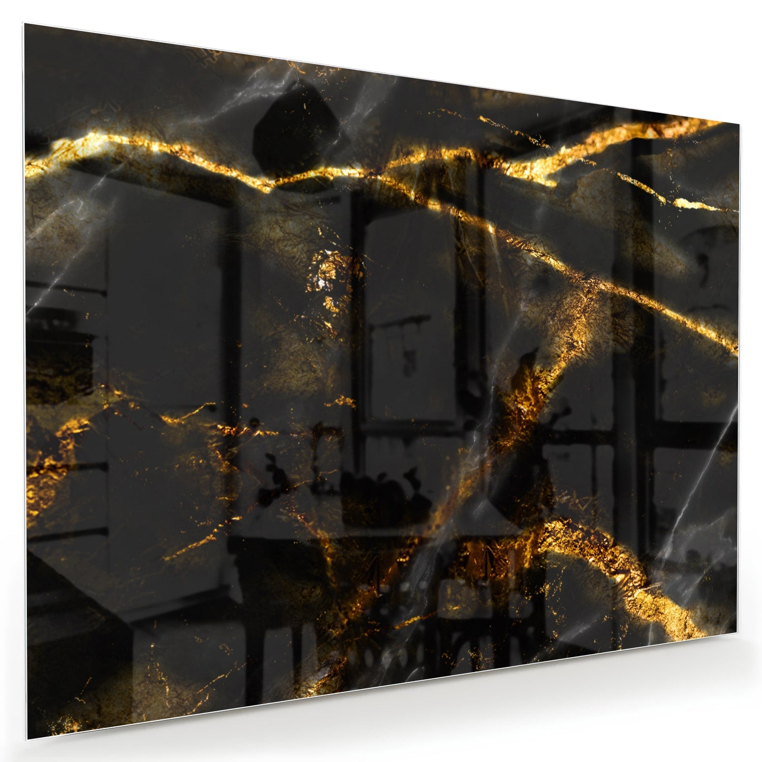 Glazen schilderij met zwart en gouden marmerdesign aan de muur