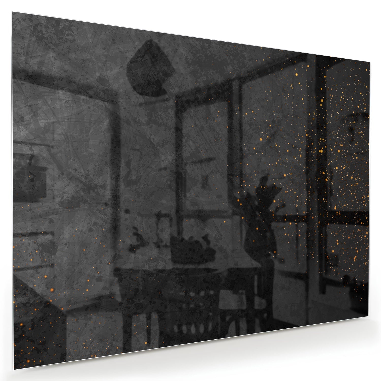 Donker glazen schilderij met gouden accenten aan de muur