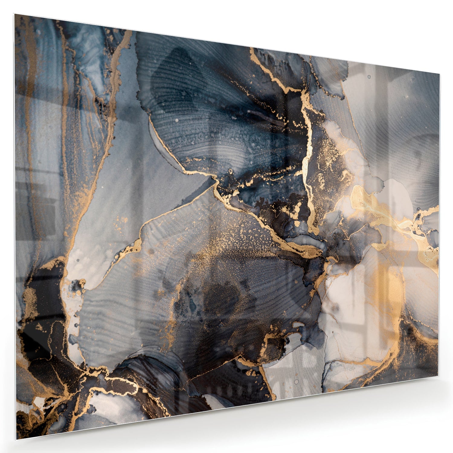 Elegant glazen schilderij met blauwe en gouden abstracte lagen