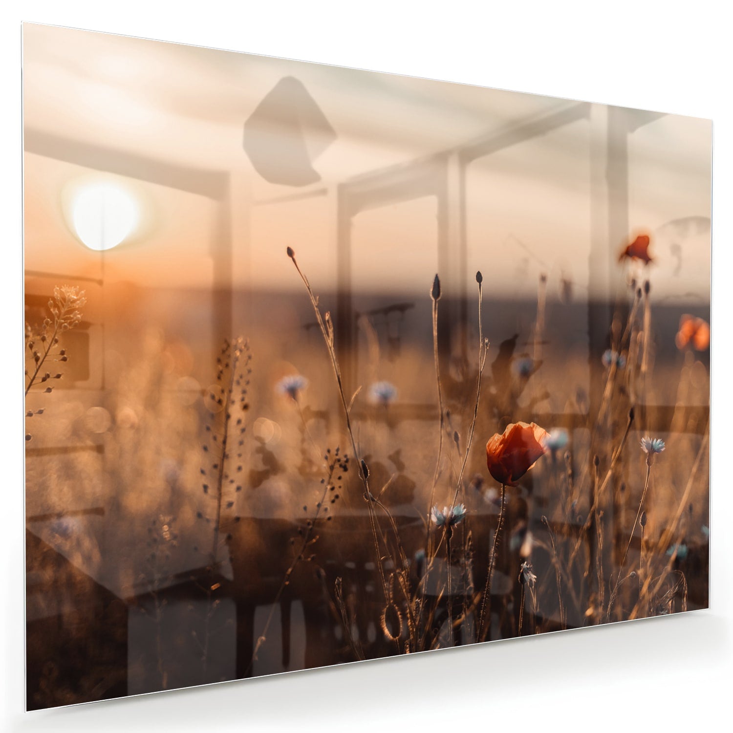 Glazen schilderij van een poppy veld bij zonsondergang, met warme kleuren.