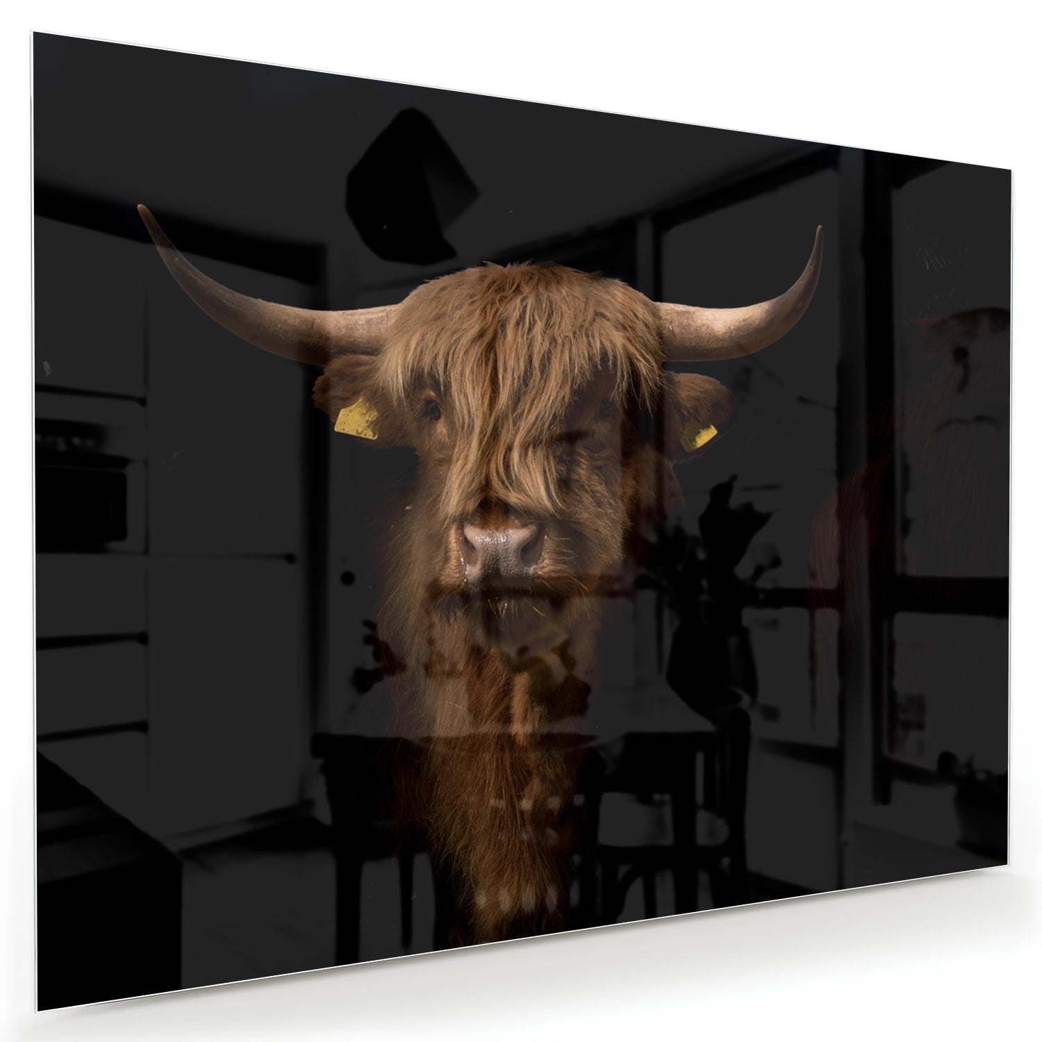 Glazen schilderij van een hooglander, een krachtige uitstraling in interieurdecoratie.