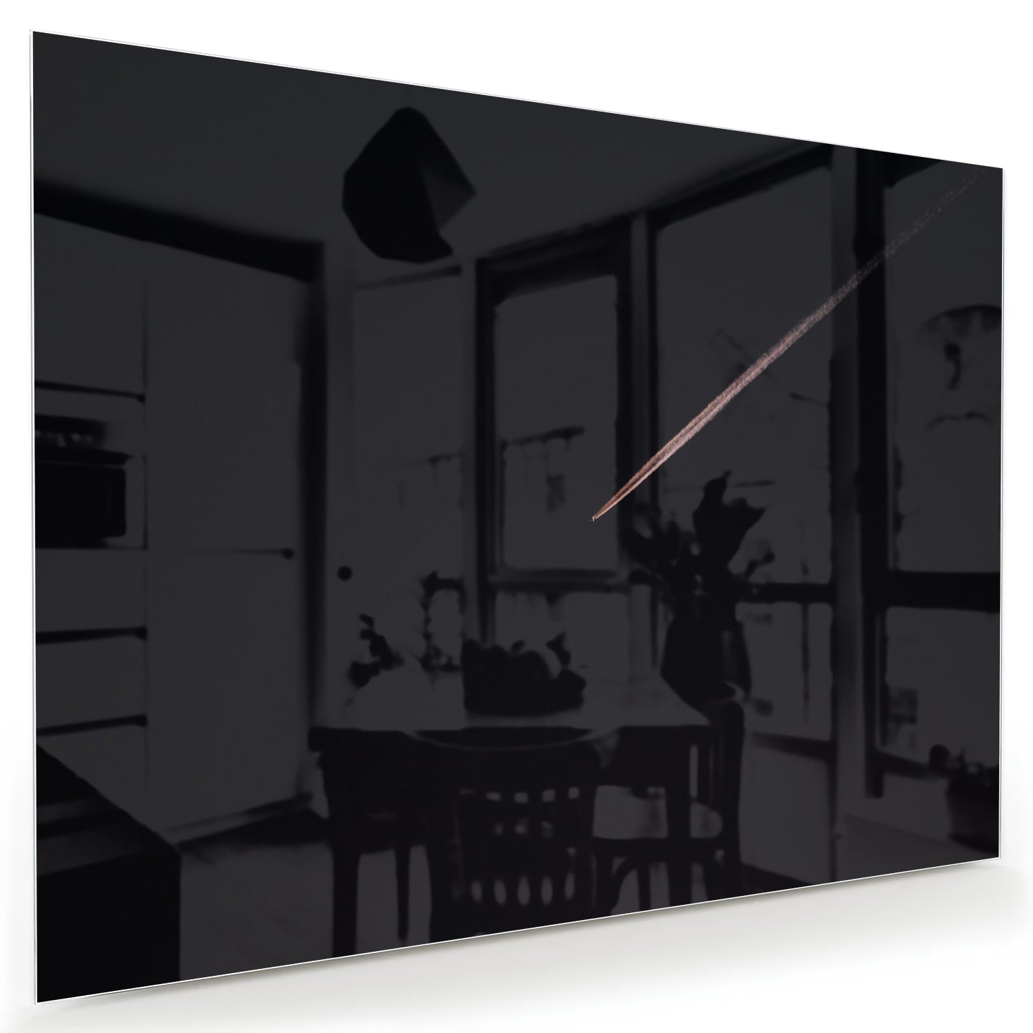 Modern glazen schilderij met zwarte achtergrond, geschikt voor stijlvolle interieurs.