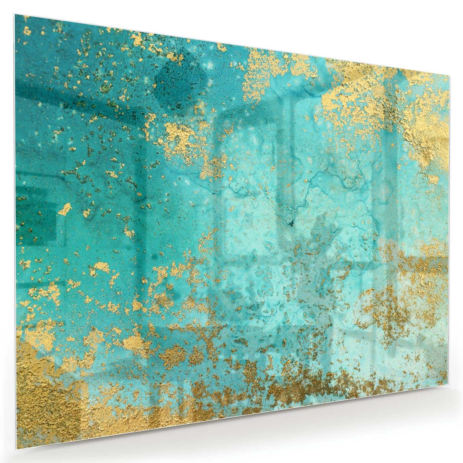 Glazen schilderij met turquoise en gouden accenten aan de muur