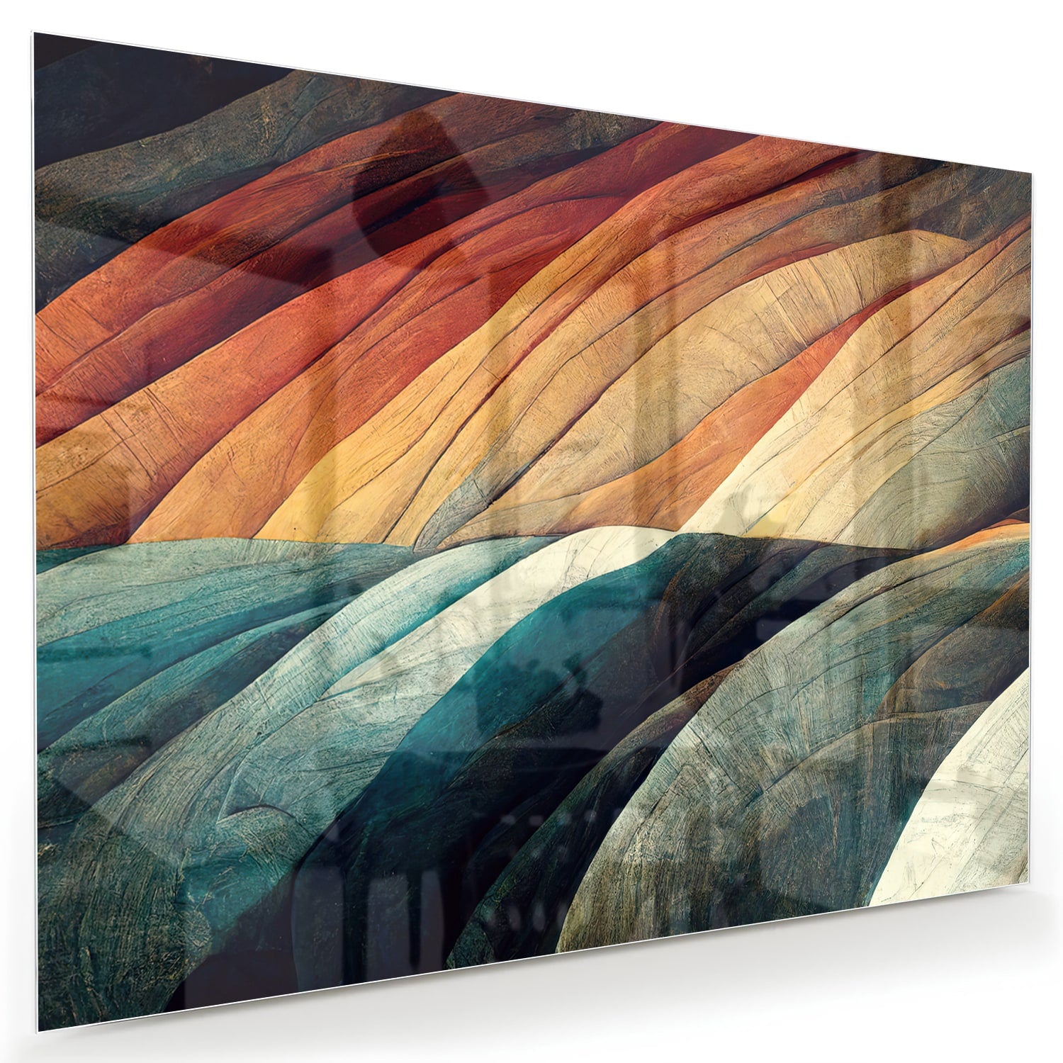 Abstract glazen schilderij met gekleurde golven in een moderne woonkamer.