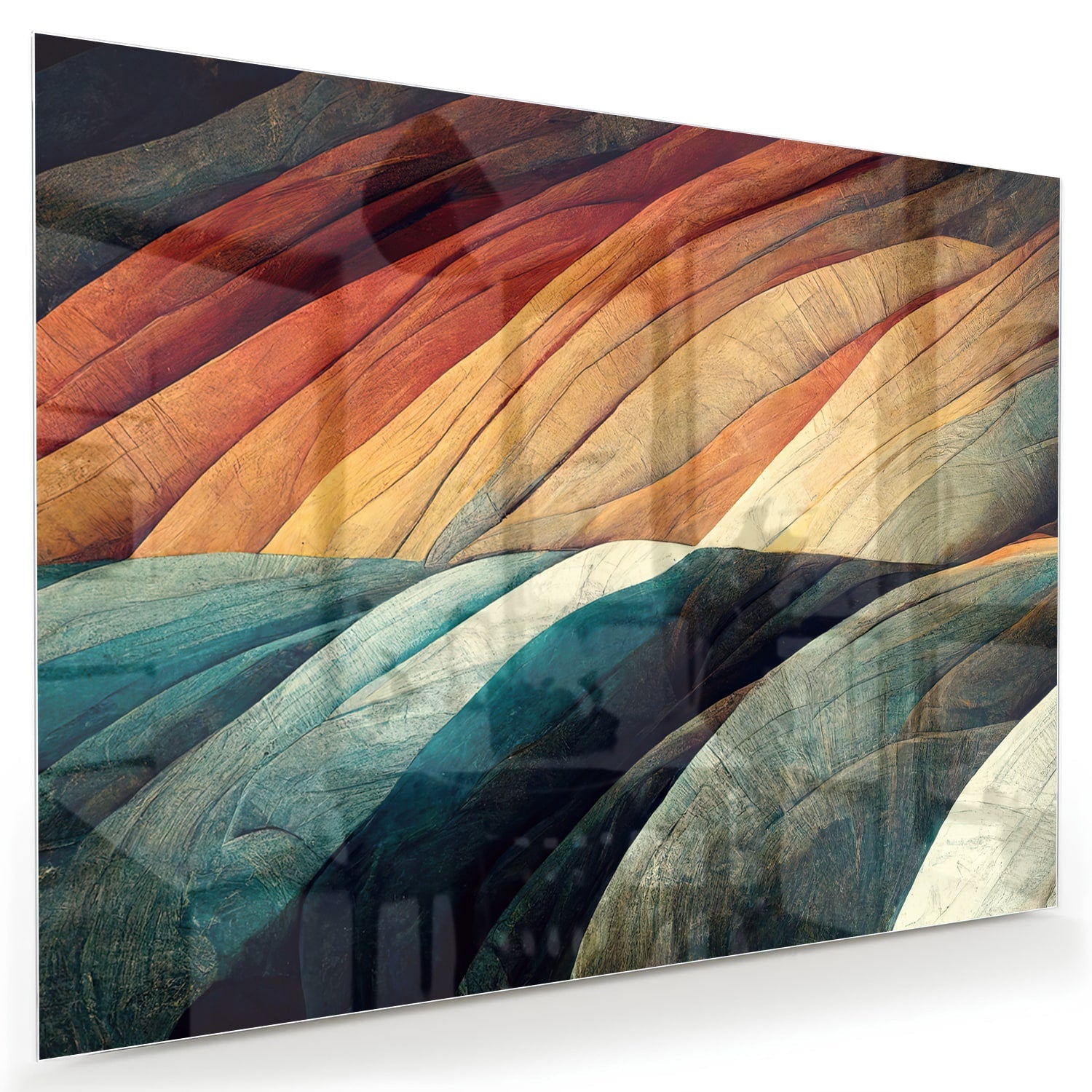 Abstract glazen schilderij met gekleurde golven in een moderne woonkamer.