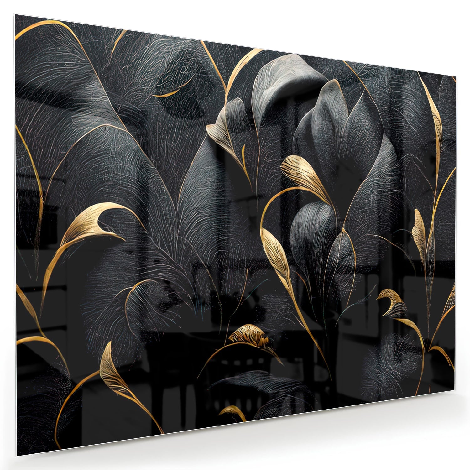 Glazen schilderij met gouden bladeren op een zwarte achtergrond, perfect voor interieur decoratie.