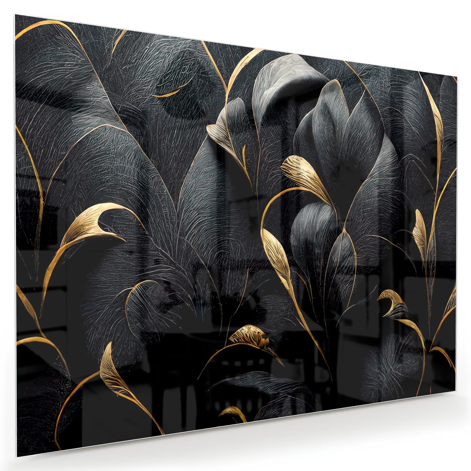 Glazen schilderij met gouden bladeren op een zwarte achtergrond, perfect voor interieur decoratie.