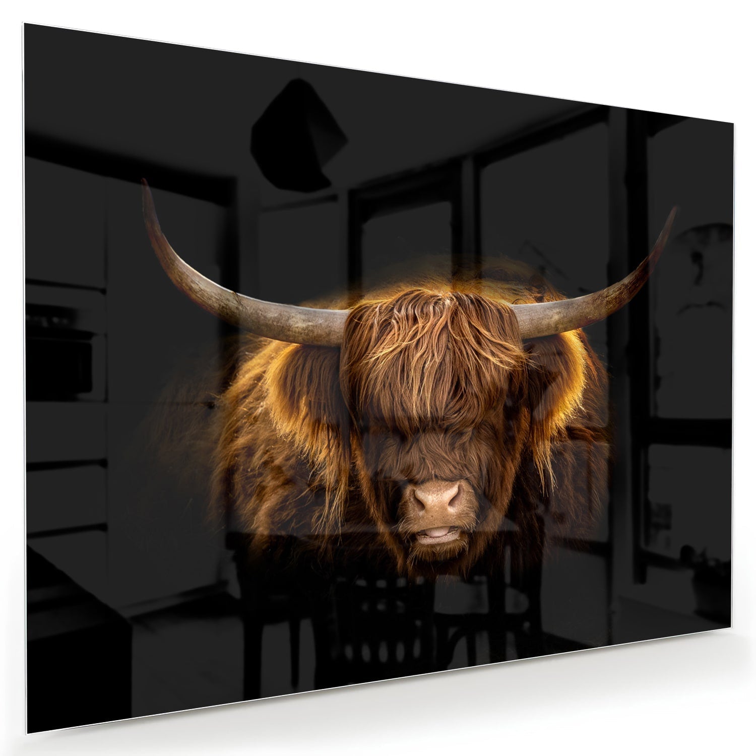 Glazen schilderij van een Highlander rund met lange hoorns en vacht op een zwarte achtergrond.