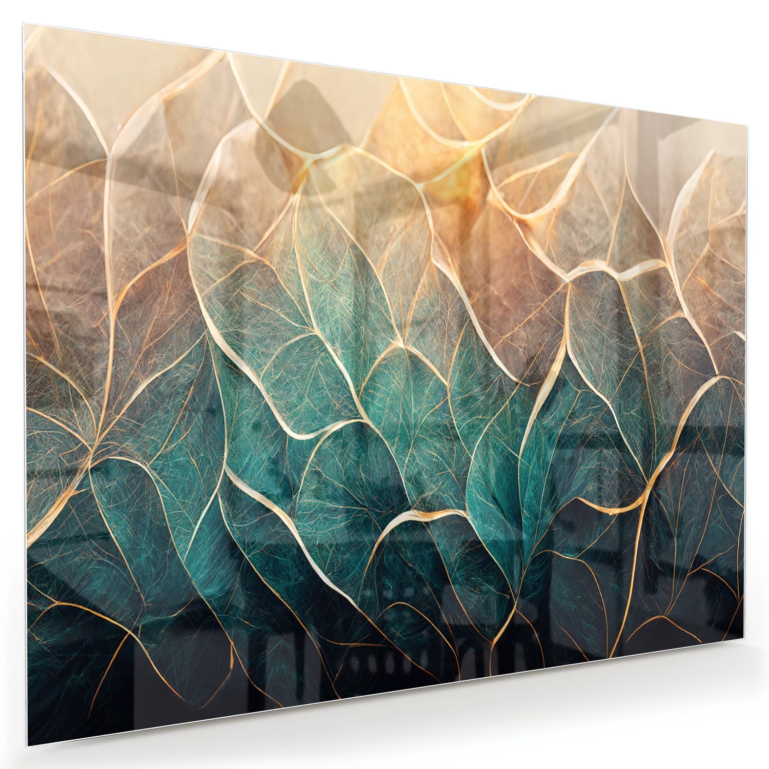 Prachtig glazen schilderij met bladeren in turquoise en gouden lijnen.