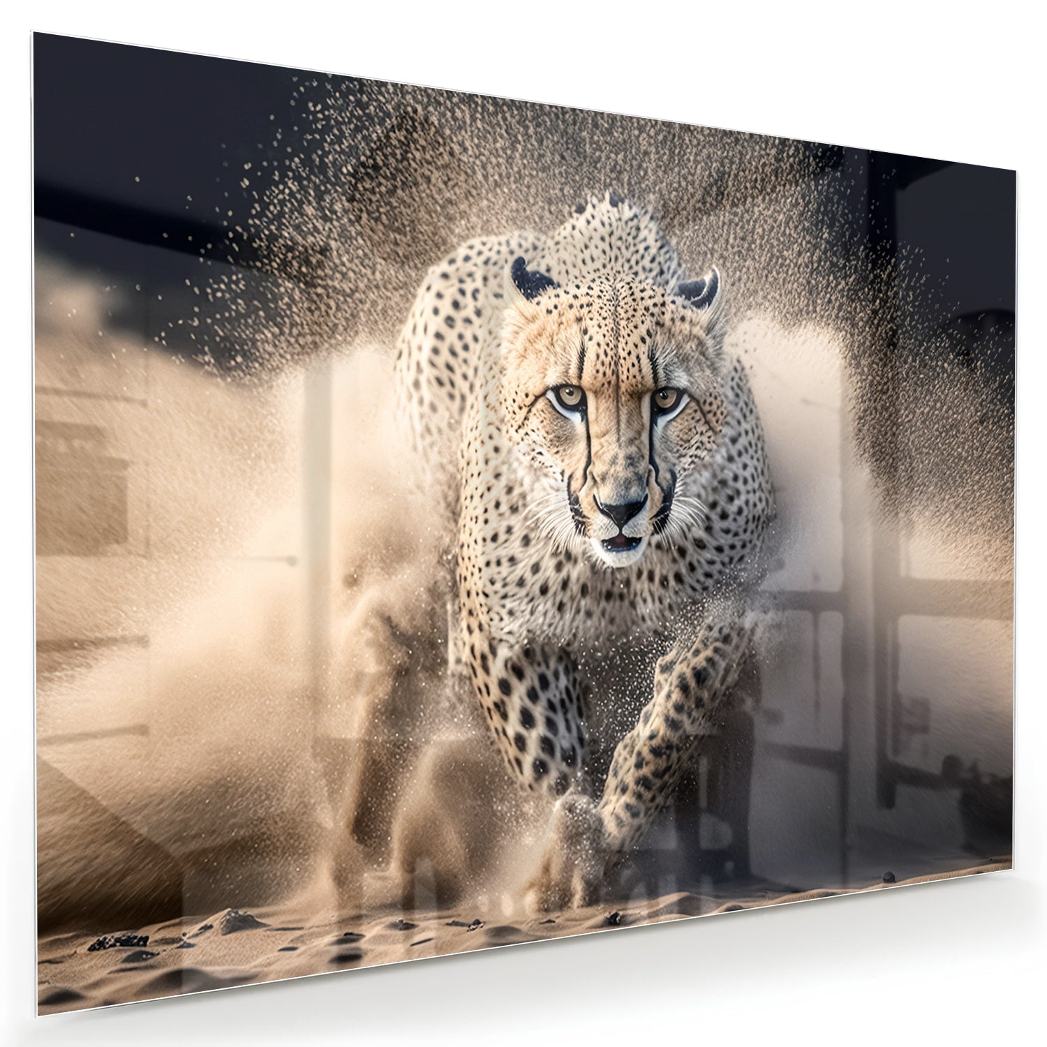 Glazen schilderij van een jachtluipaard die door zand rent in een moderne woonkamer.