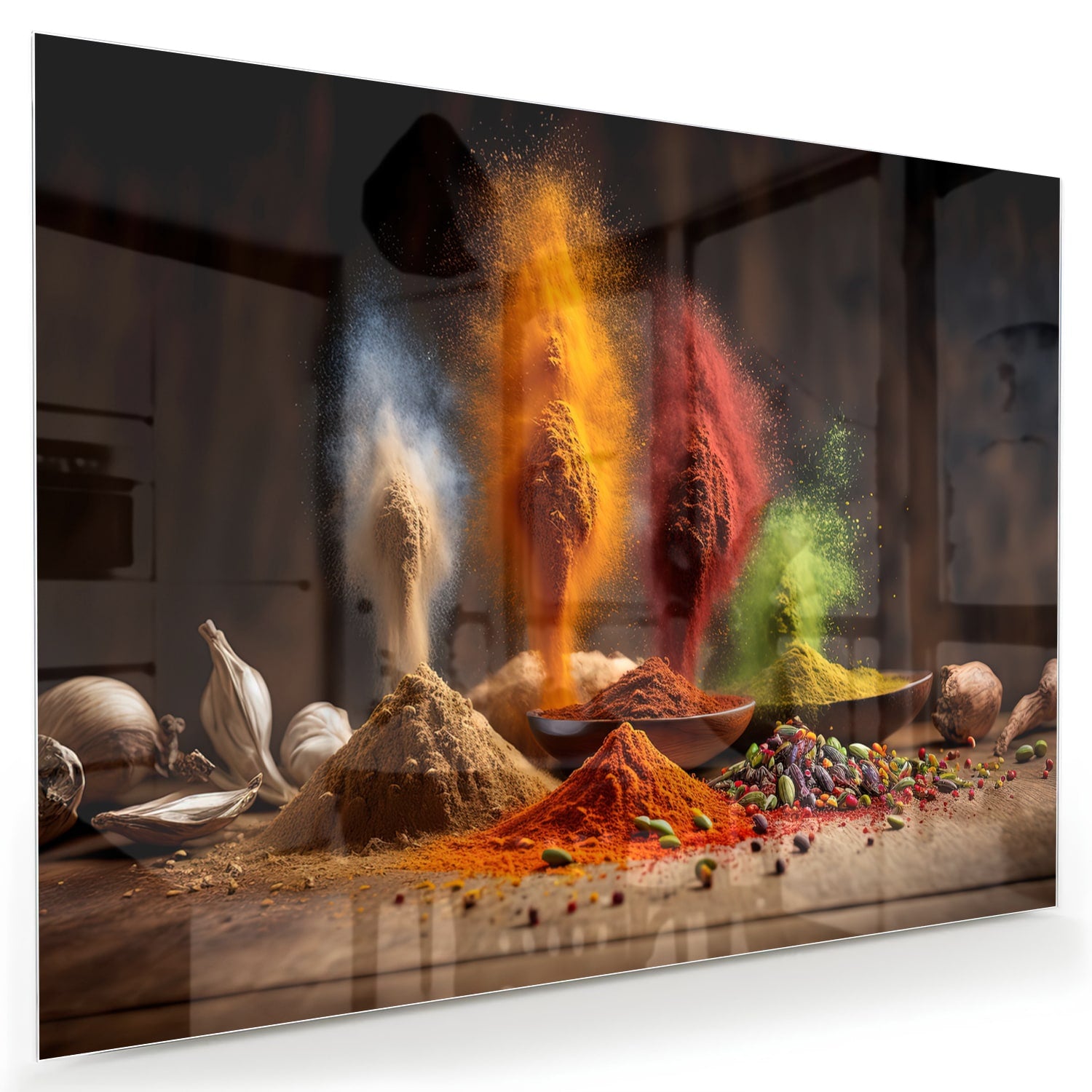 Glazen schilderij met een kleurrijke weergave van specerijen op een houten tafel.