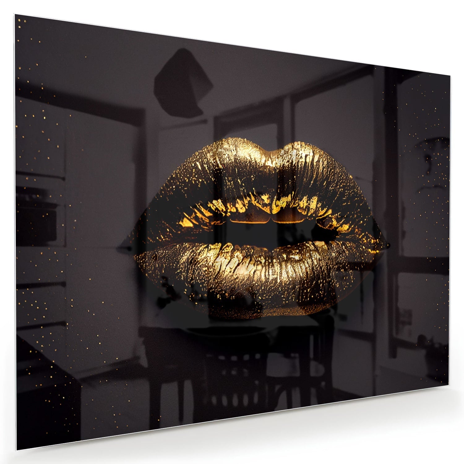 Glazen schilderij met gouden lippen, elegant voor in de woonkamer.
