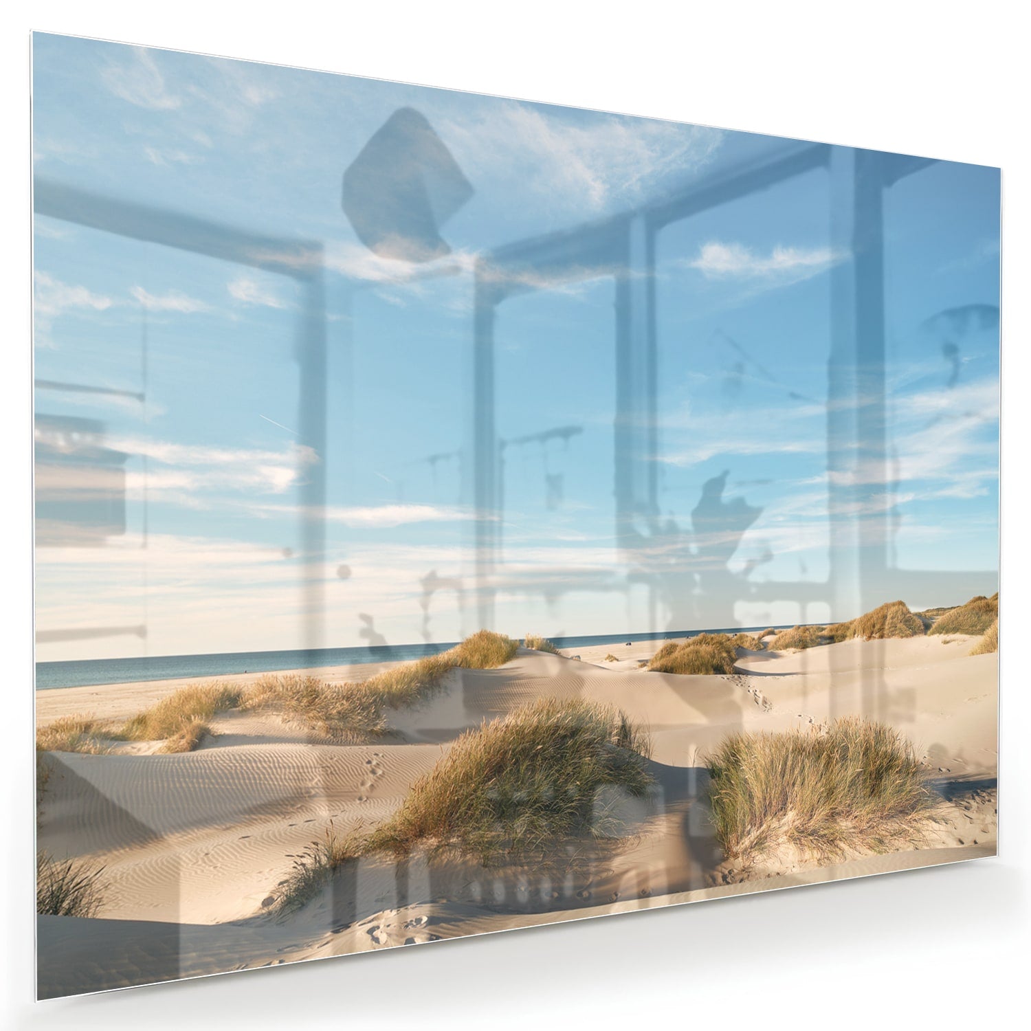 Glazen schilderij met duinen en een heldere blauwe lucht