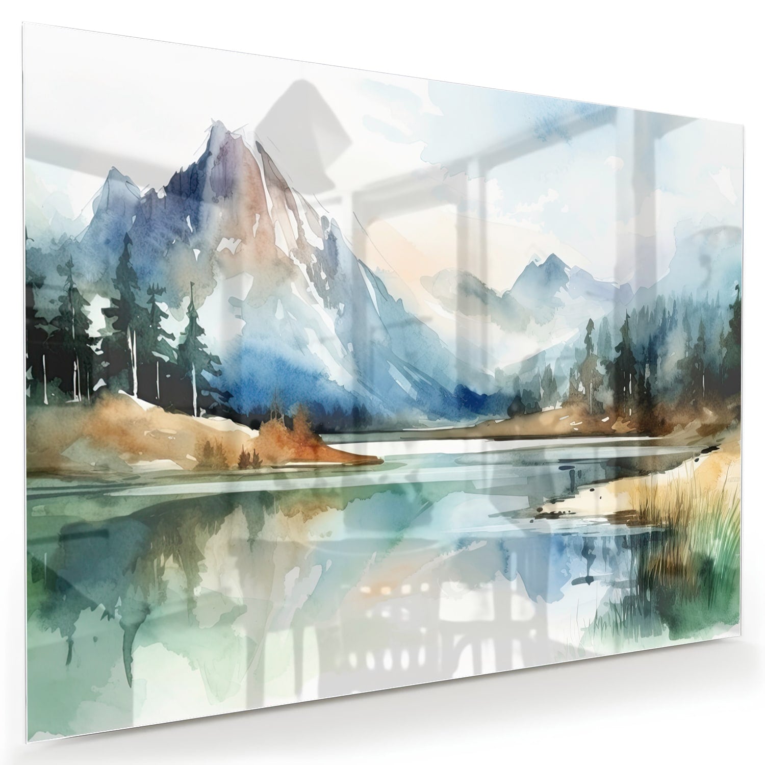 Glazen schilderij met een landschap van bergen en een meer in waterverfstijl.