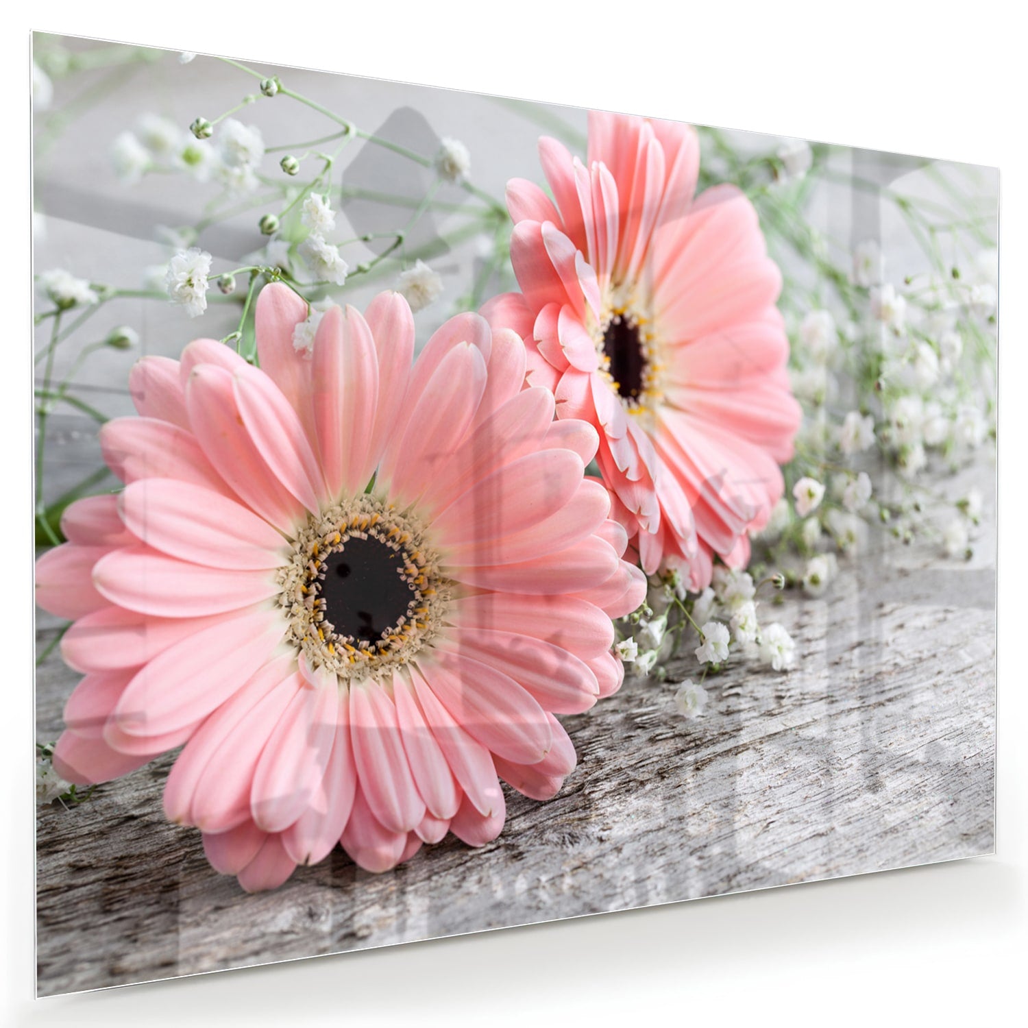 Roze gerbera's op een glazen schilderij, ideaal voor je woonkamer