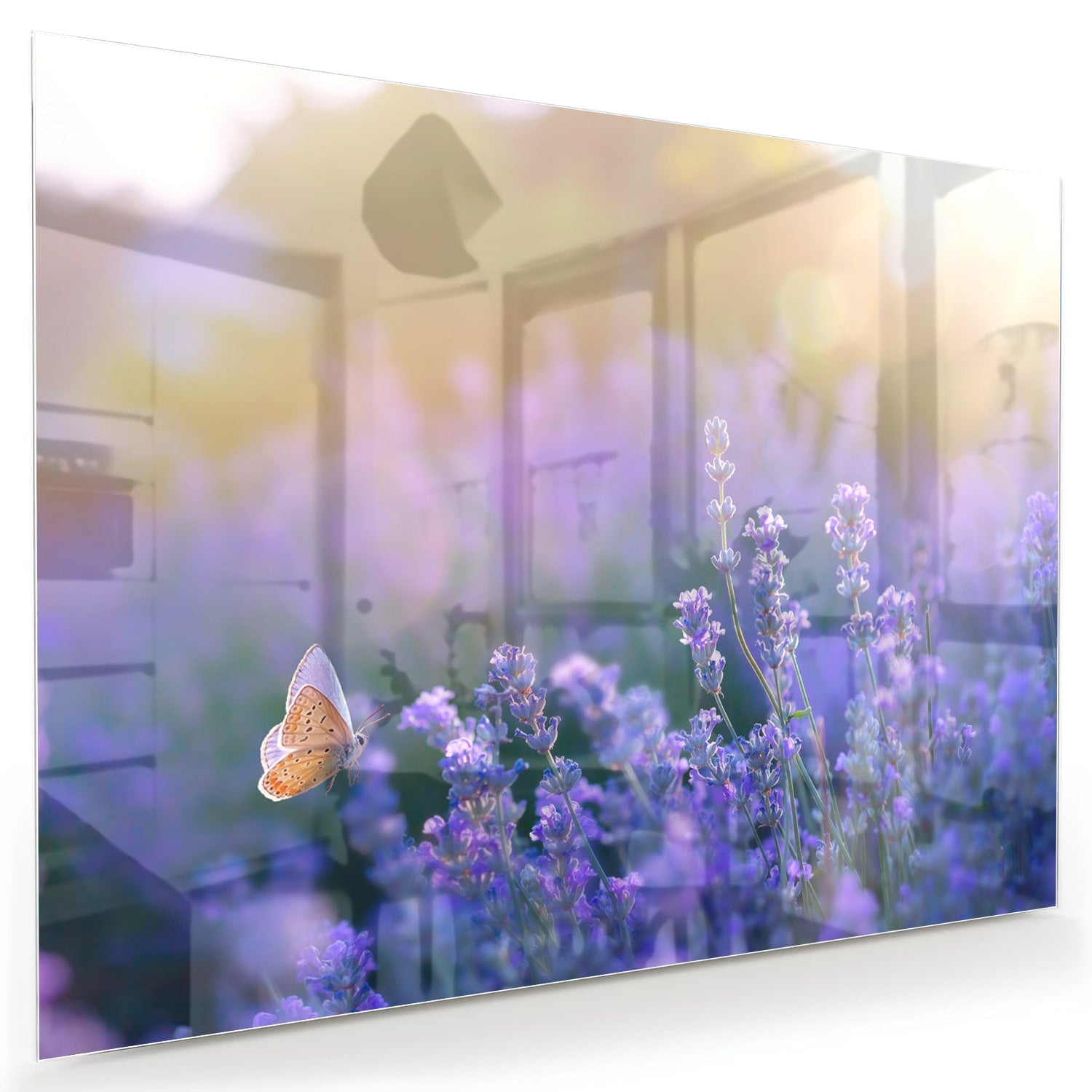 Glazen schilderij met lavendel en een vlinder op een muur