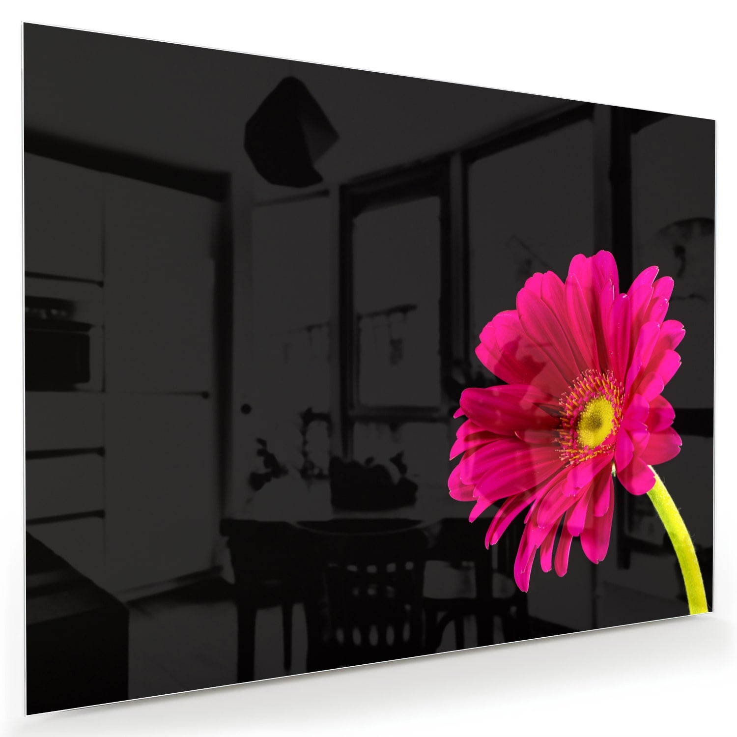 Glazen schilderij van een roze gerbera op zwarte achtergrond, perfect voor decoratie