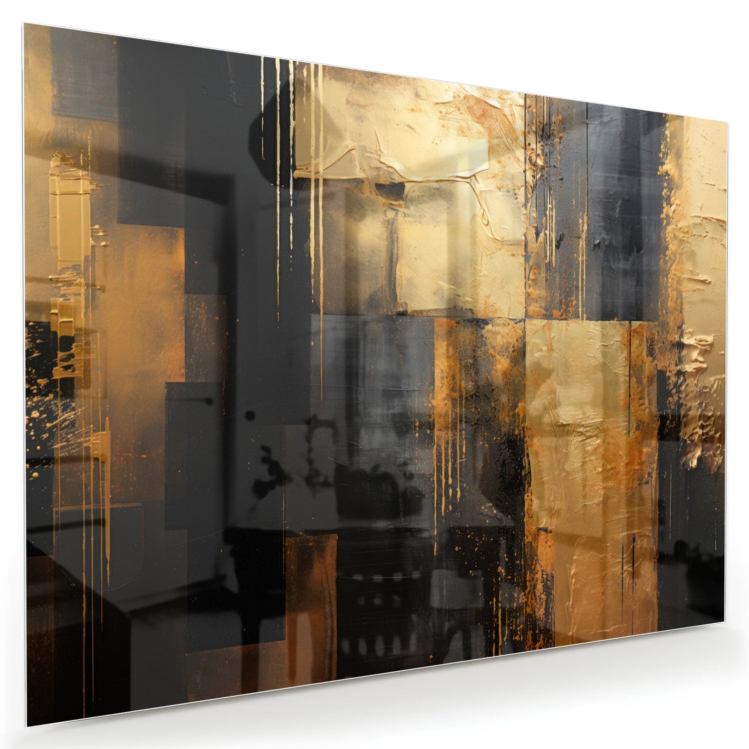 Abstract glazen schilderij in goud en zwart, perfect voor moderne interieurs.