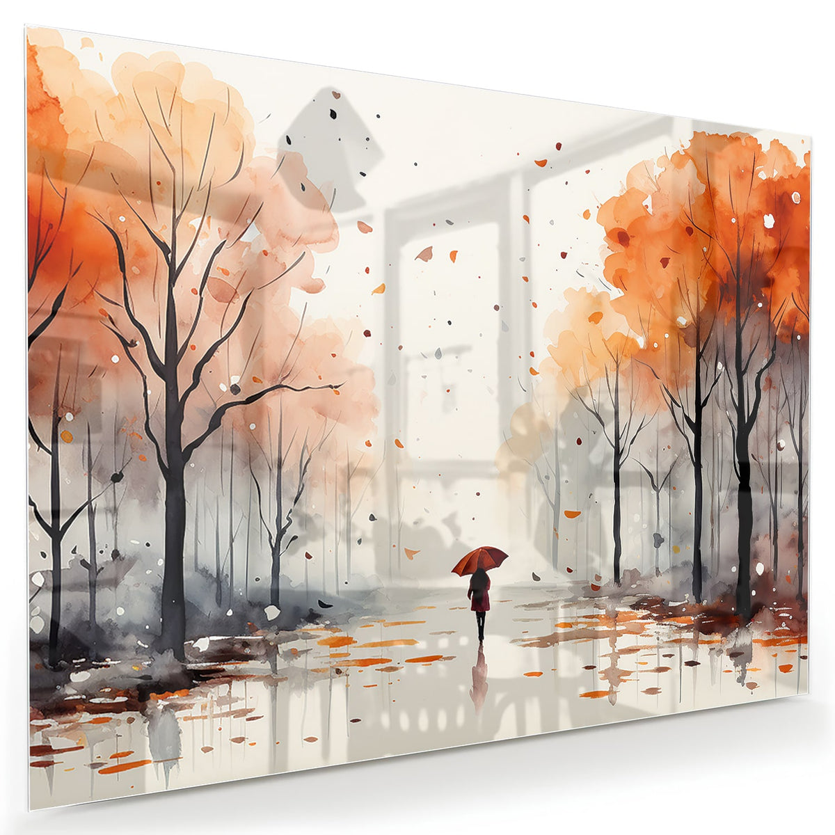 Glazen schilderij van een herfstlandschap met een wandelaar en kleurrijke bomen.