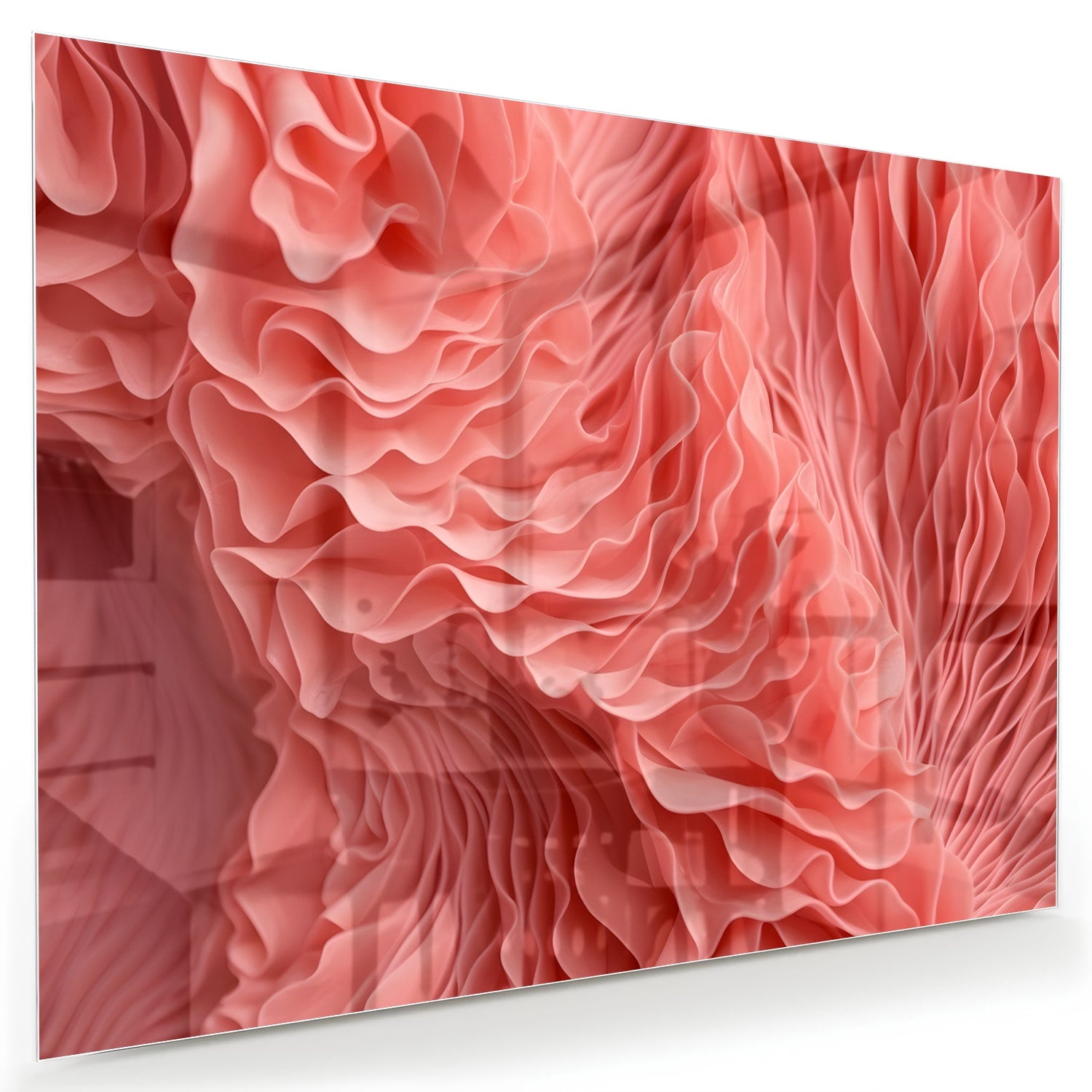 Abstract glazen schilderij in roze met golvende patronen, perfect voor wanddecoratie.