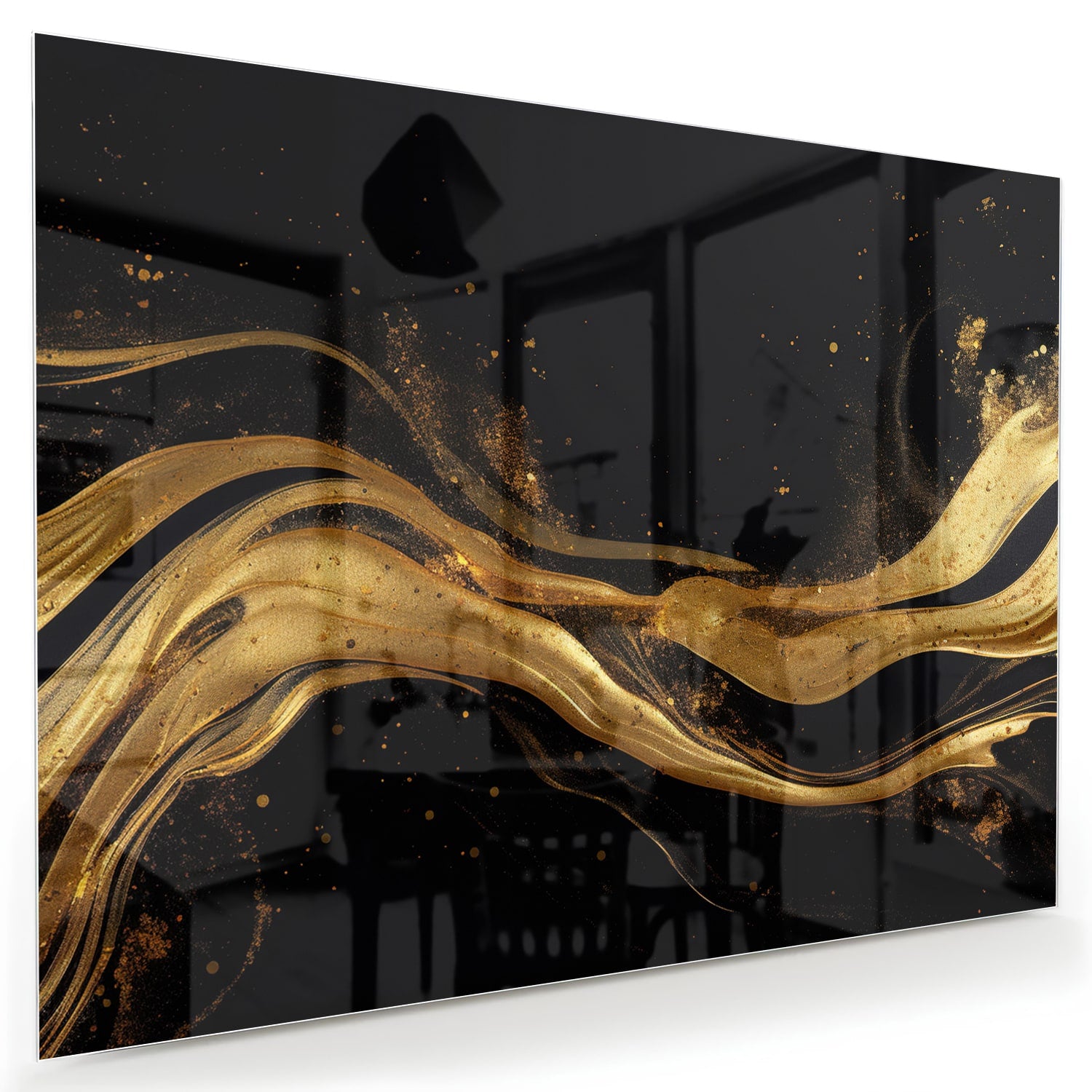 Glazen schilderij met gouden lijnen op een zwarte achtergrond, geschikt voor moderne interieurs.
