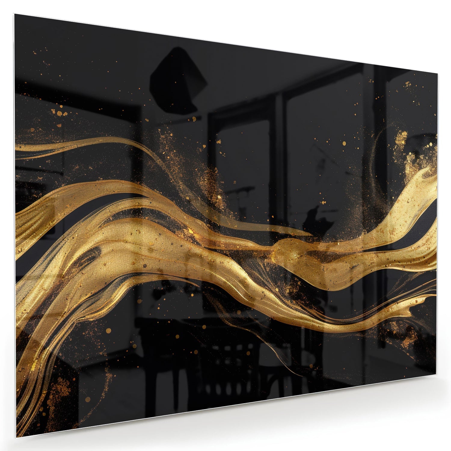 Glazen schilderij met gouden lijnen op een zwarte achtergrond, geschikt voor moderne interieurs.
