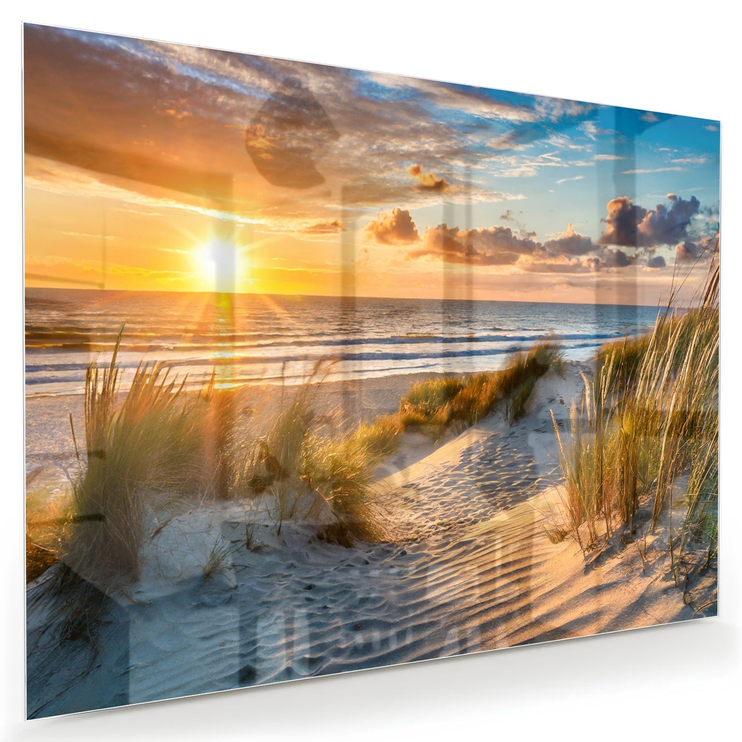 Glazen schilderij van een zonsondergang bij het strand met duinen en gras