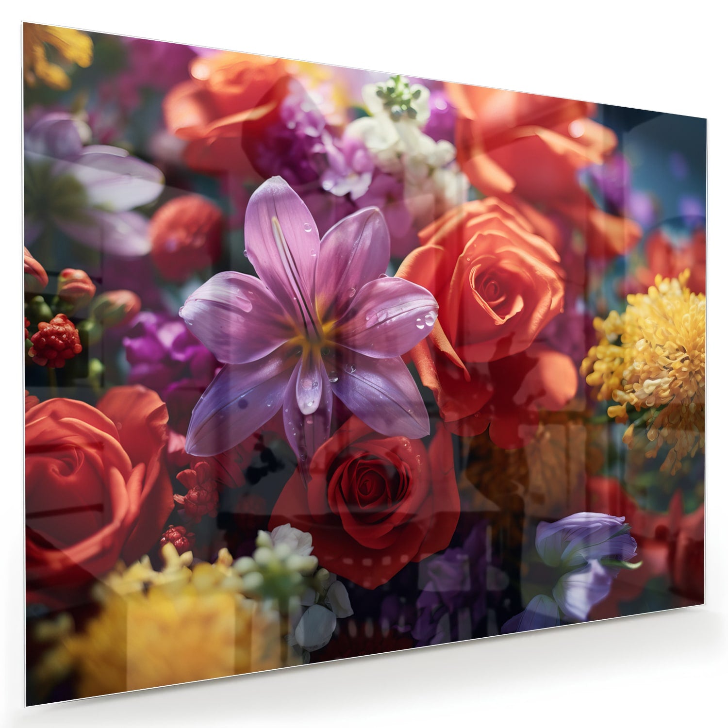Kleurrijk glazen schilderij met een prachtige bloemencompositie.