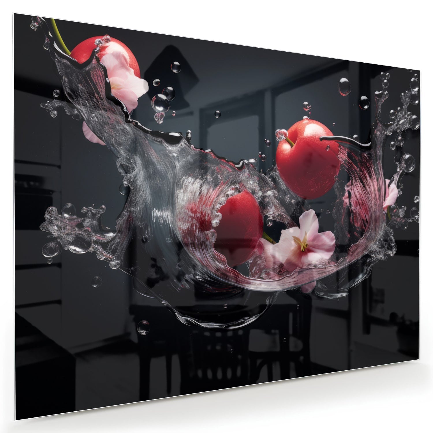 Glazen schilderij met roze bloemen en waterdruppels op een zwarte achtergrond.