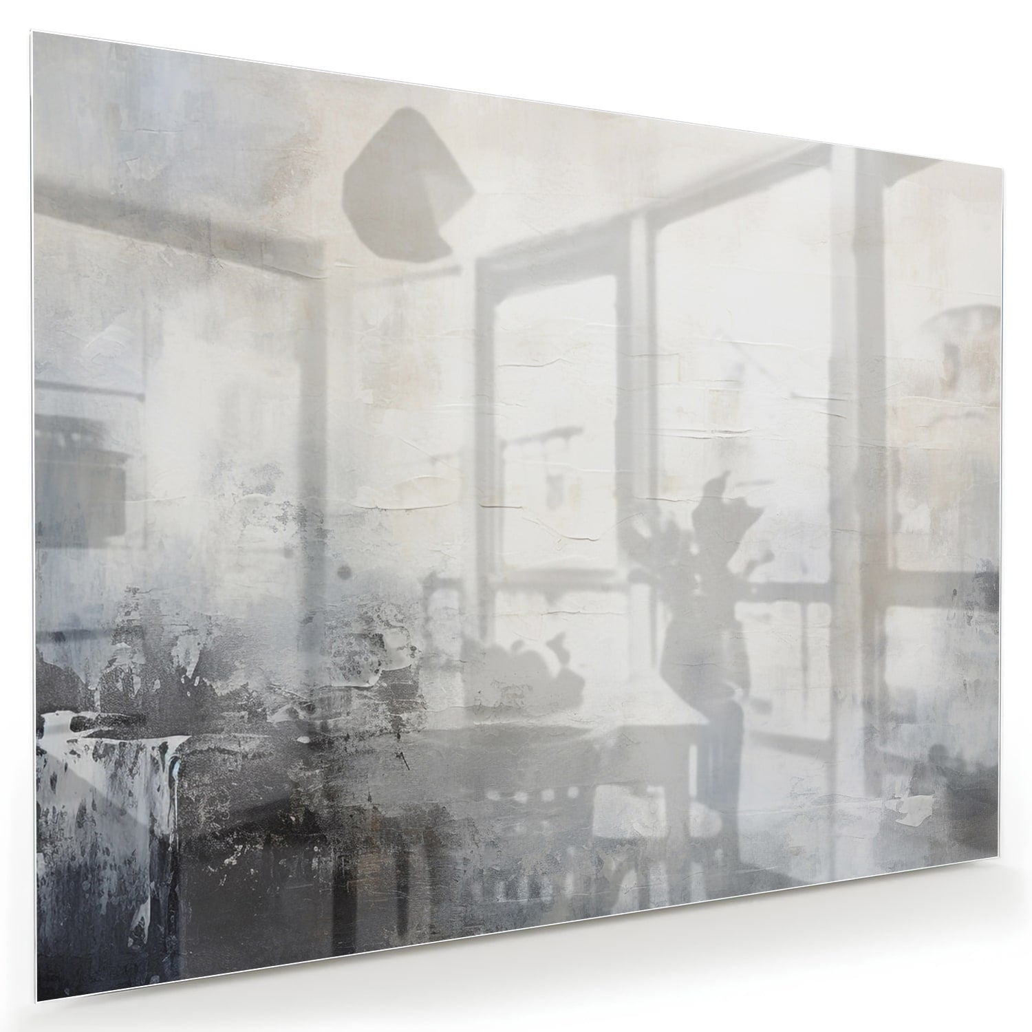 Abstract glazen schilderij met zachte kleuren aan de muur in een moderne woonkamer