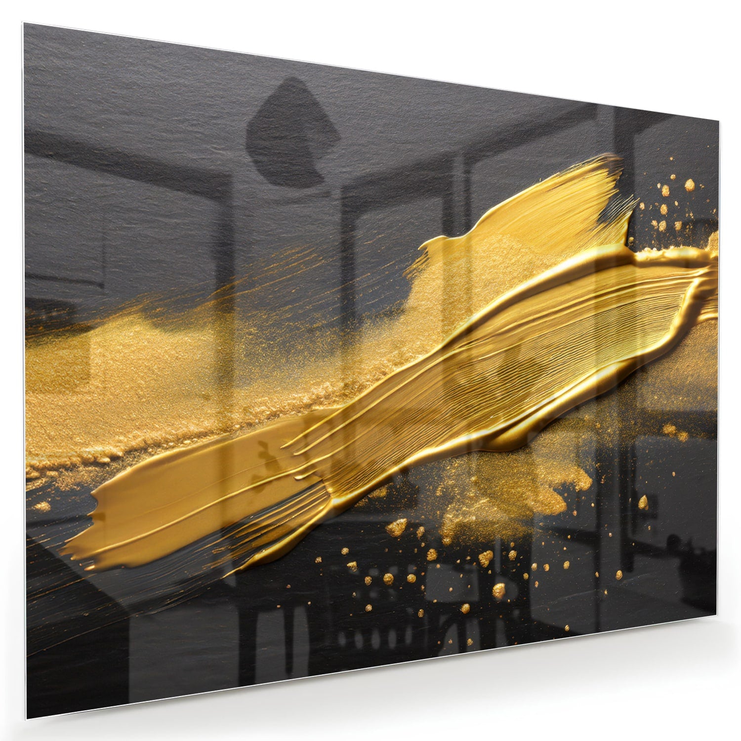 Modern glazen schilderij met gouden strepen op een zwarte achtergrond.